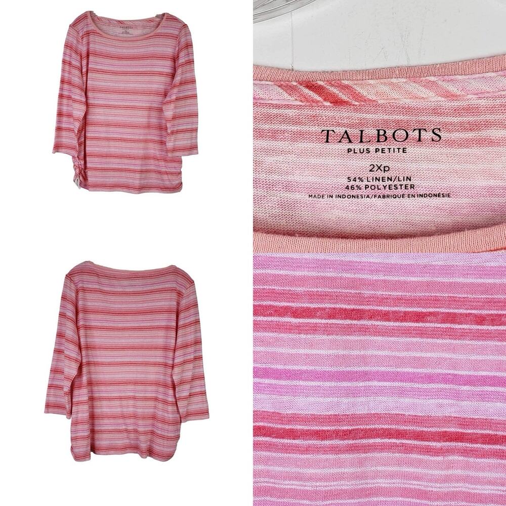 Talbots Shirt Women's Plus 2XP Pink Striped Linen Blend 3/4 Sleeve Pullover